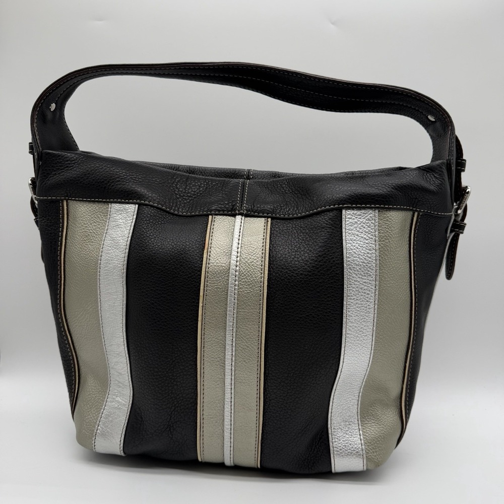 Tignanello Vintage Pebbled Leather Hobo Bag Purse Black Metallic Stripes Y2K